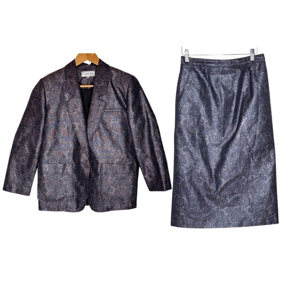 PE-PE Purple Paisley Long Sleeve Blazer Skirt Suit Size 44 One Button 2 Piece